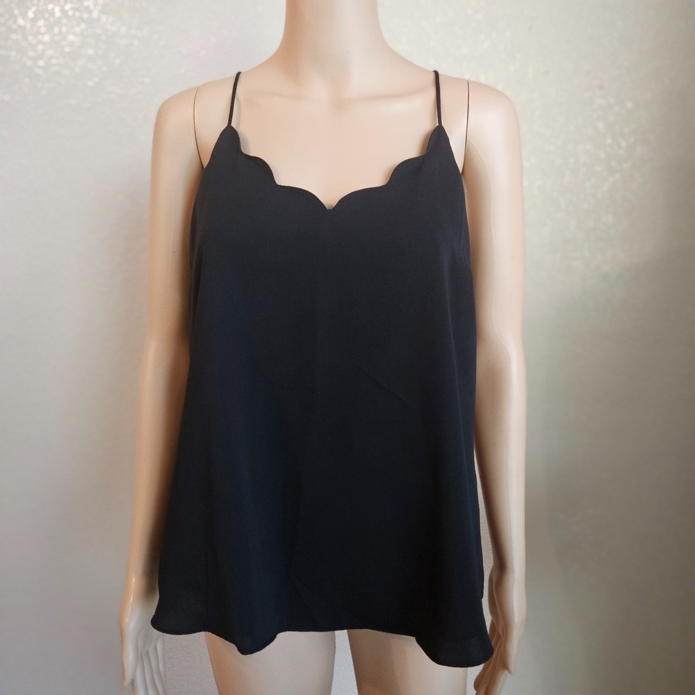 J Crew Black Cami Top Scallop Trim Sz 12 Adjustable Spaghetti Shoulder Straps
